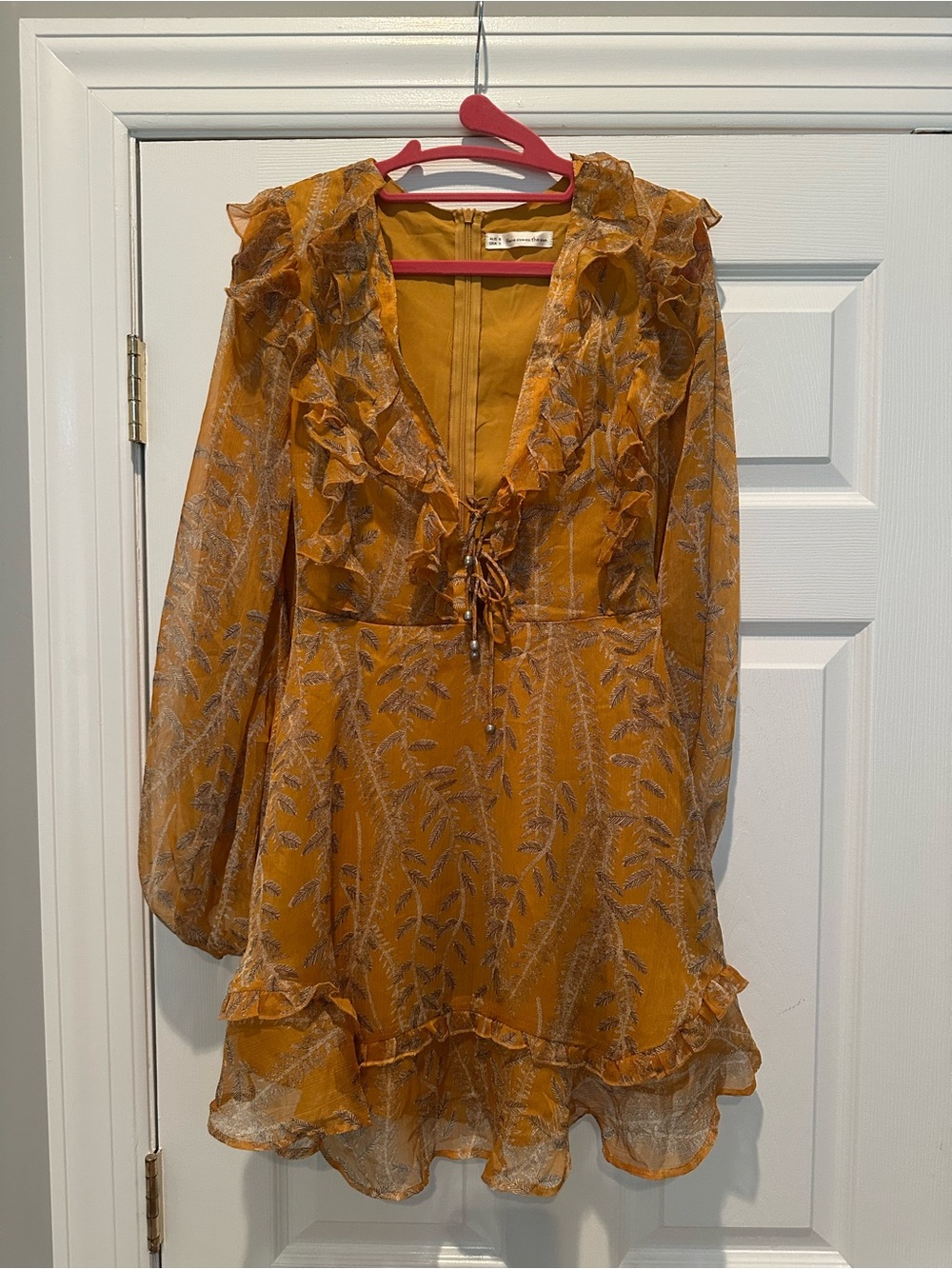 Mustard Ruffle Front Mini Dress with Leaf Print